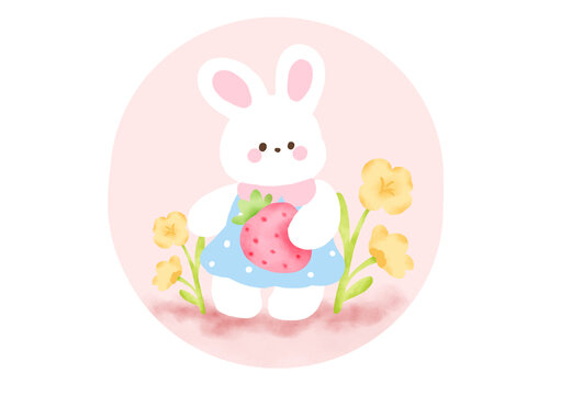 可愛白兔抱草莓與小花