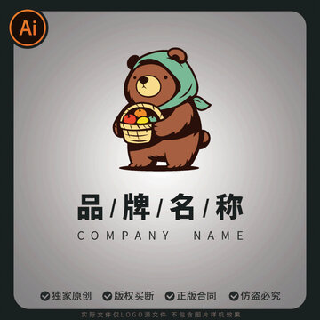 可愛小熊持果籃果蔬店logo商用標(biāo)志品牌