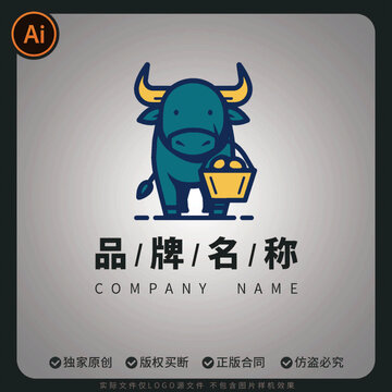 卡通矢量LOGO商標(biāo)卡通牛抱著水果籃