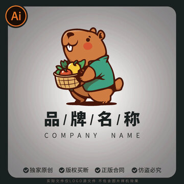 卡通logo矢量商標卡皮巴拉抱著果籃招牌