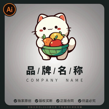 可愛貓咪抱果卡通logo矢量標志