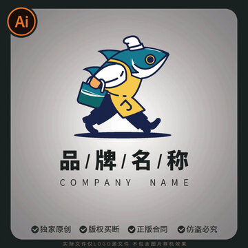 卡通魚形象外賣員海鮮水產(chǎn)矢量logo形象