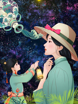 母親節(jié)母愛親子主題星空插畫