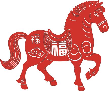 紅色剪紙風(fēng)福字駿馬圖案