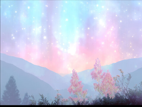 夢(mèng)幻星空下的粉彩山脈