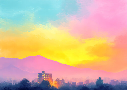 夢(mèng)幻彩霞城市景觀圖