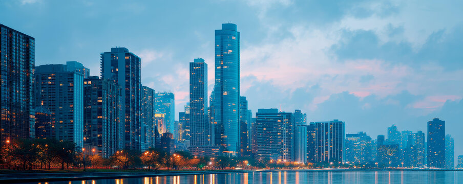 芝加哥天際線夜景與城市建筑
