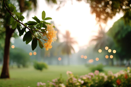 公園清晨陽(yáng)光花朵美景