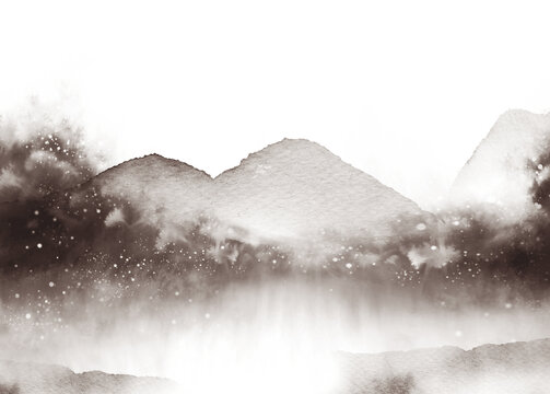水墨風(fēng)景畫水彩山峰畫水彩山水畫