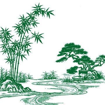 中式水墨風(fēng)竹松溪流圖景手繪線稿矢量圖