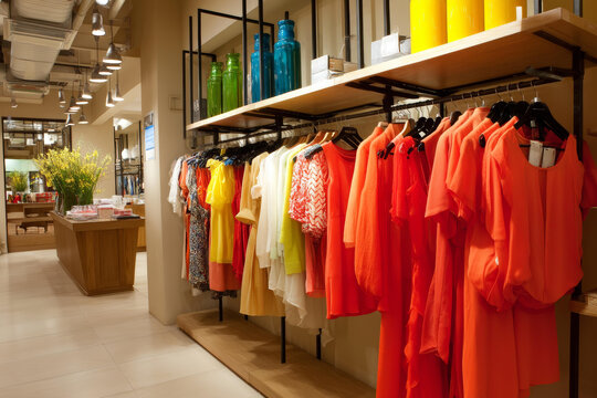 時(shí)尚服裝店內(nèi)的色彩繽紛連衣裙展示