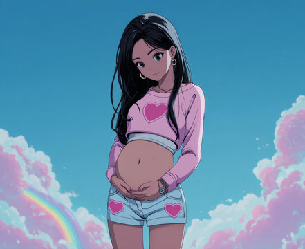 晴空下粉色孕婦動漫少女