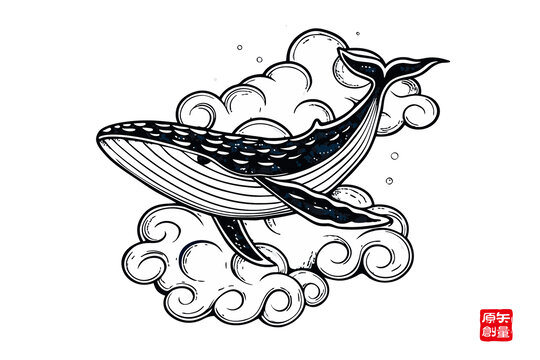 云端遨游的夢幻鯨魚插畫