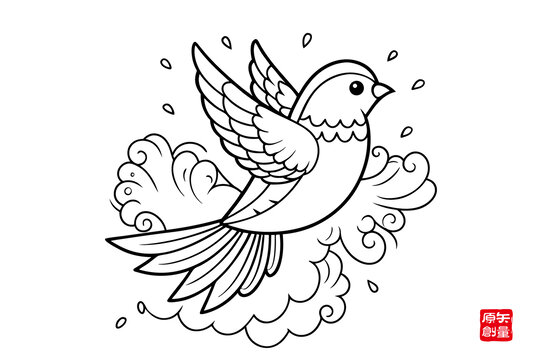 手繪飛翔小鳥黑白插畫