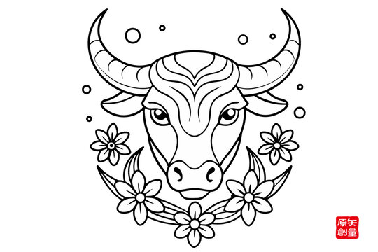 黑白線條風(fēng)牛頭花卉圖案