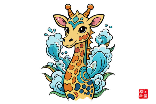 卡通長(zhǎng)頸鹿與海浪元素插畫