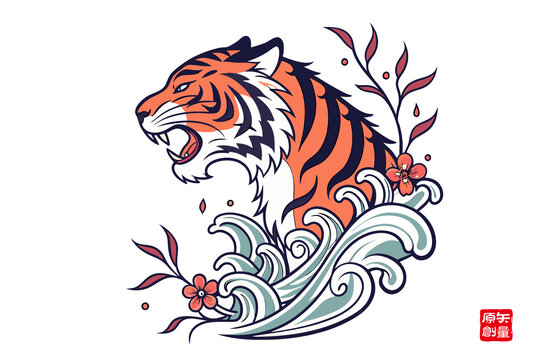 猛虎與浪花花卉插畫