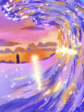 夕陽下的海浪