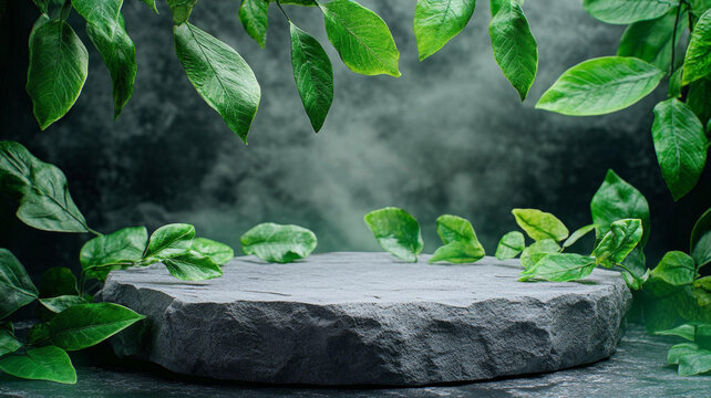 綠植環(huán)繞的石質(zhì)產(chǎn)品展示臺(tái)