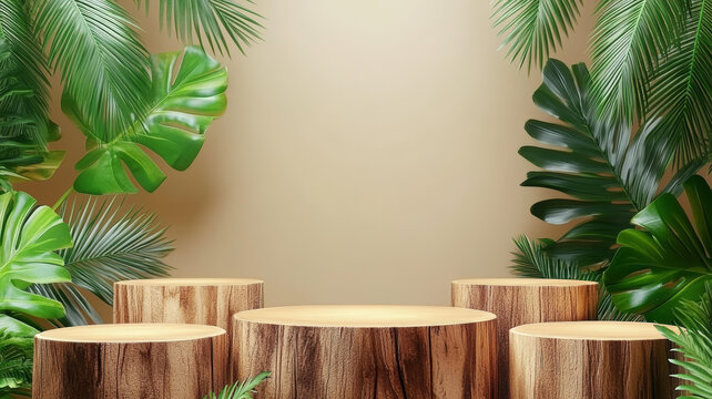 熱帶木質(zhì)展示臺與茂盛植物