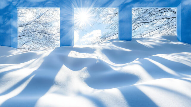 藍色窗戶下的雪景冬日美景