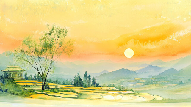 梯田朝陽美景圖