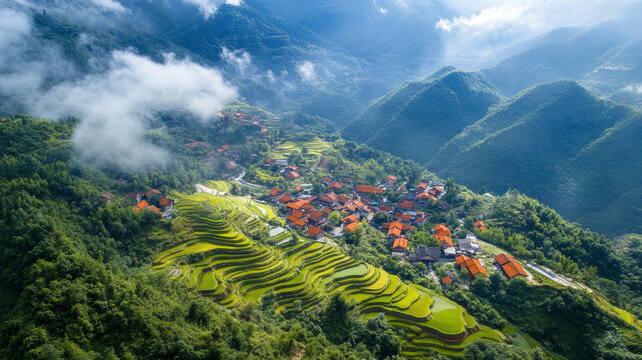 梯田村莊的壯麗山景