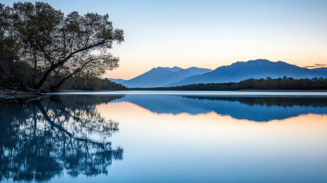 寧?kù)o湖畔的日出倒影美景