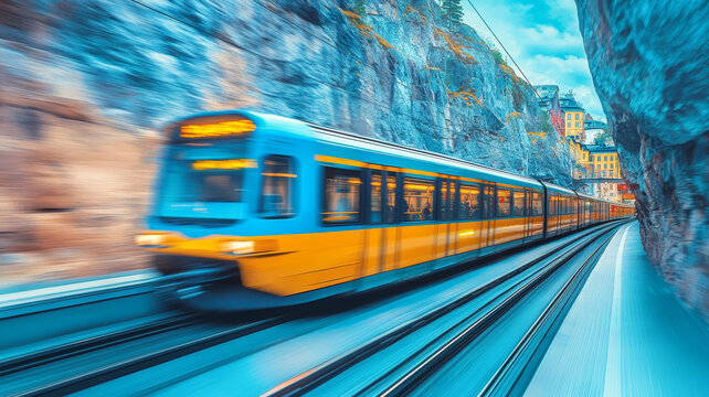 山洞穿梭的快速列車美景