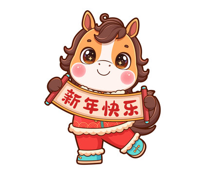 馬年手拿卷軸卡通插畫