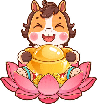 馬年手拿元寶卡通插畫