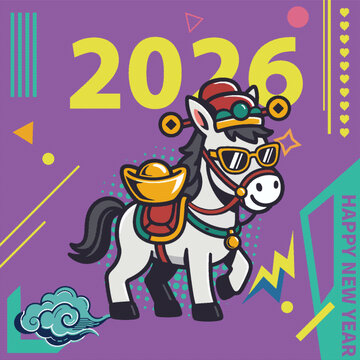 2026年卡通賽博朋克酷帥生肖馬賀新年
