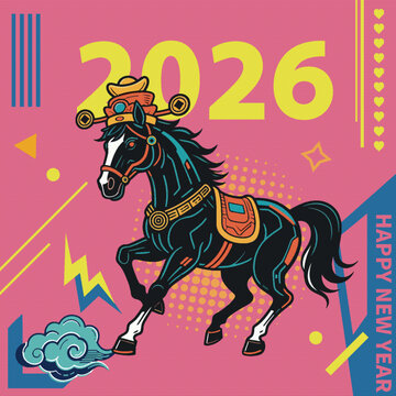 2026年馬年新春賽博朋克酷帥生肖馬插畫(huà)