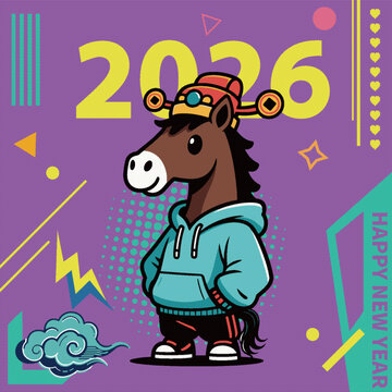 2026年賽博朋克酷帥生肖馬賀歲圖