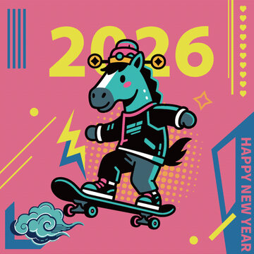 2026年滑板小馬賀新年酷帥帥插畫(huà)財(cái)神