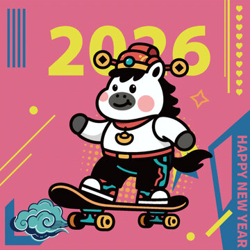 2026年馬年賽博朋克超酷生肖馬踩滑板