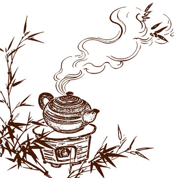 古風煮茶圖之竹間茶韻手繪線稿矢量圖