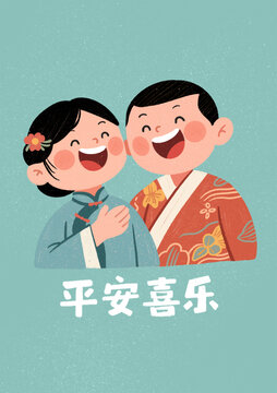 中式風(fēng)格歡樂(lè)男女插畫