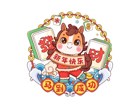 馬年發(fā)財(cái)卡通窗花插畫