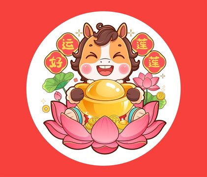 馬年喜慶窗花插畫
