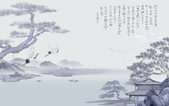 青花瓷山水背景墻
