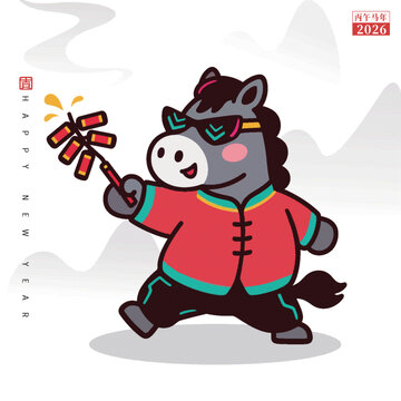萌馬賀歲放鞭炮插畫貼紙2026馬年