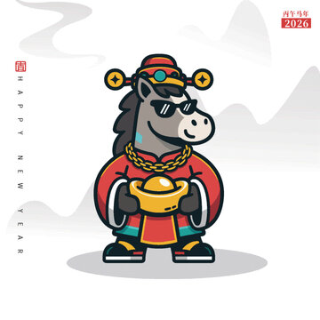 生肖馬插畫貼紙禮盒IP形象財(cái)神元寶矢量