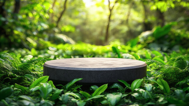 茂密森林中的深色石頭展示臺(tái)