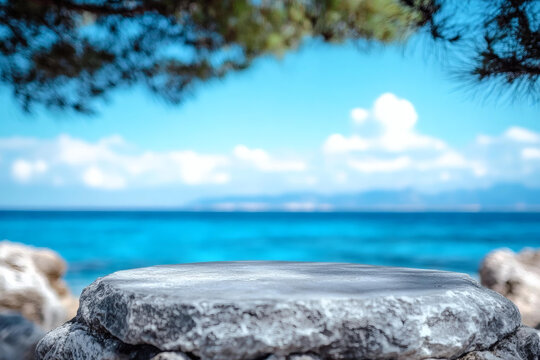 海灘巖石平臺晴朗的藍天海景