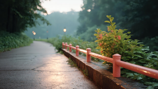 晨霧中的公園小路與粉紅色護(hù)欄