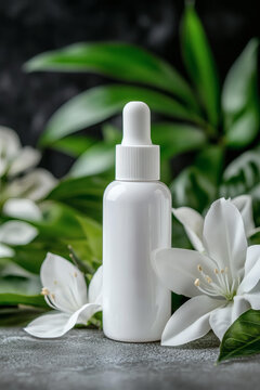 白色精油滴管瓶花朵綠葉背景