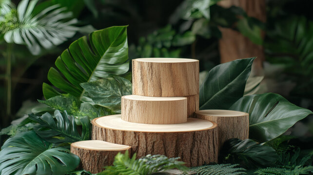 木質(zhì)展示臺(tái)與熱帶綠色植物