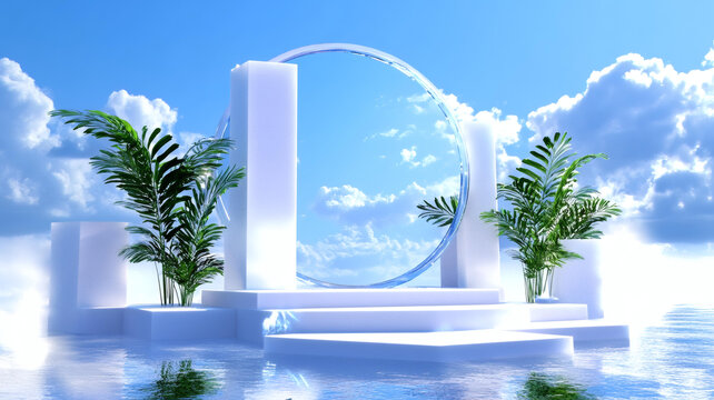 現(xiàn)代極簡(jiǎn)白色展示臺(tái)與植物