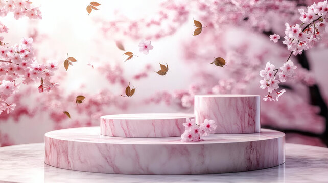 粉嫩櫻花背景下的理石質(zhì)展示臺(tái)